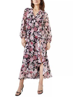 Bardot Women's Justine Dress 4/XS Floral Midi Slit Black Long Sleeve Event
